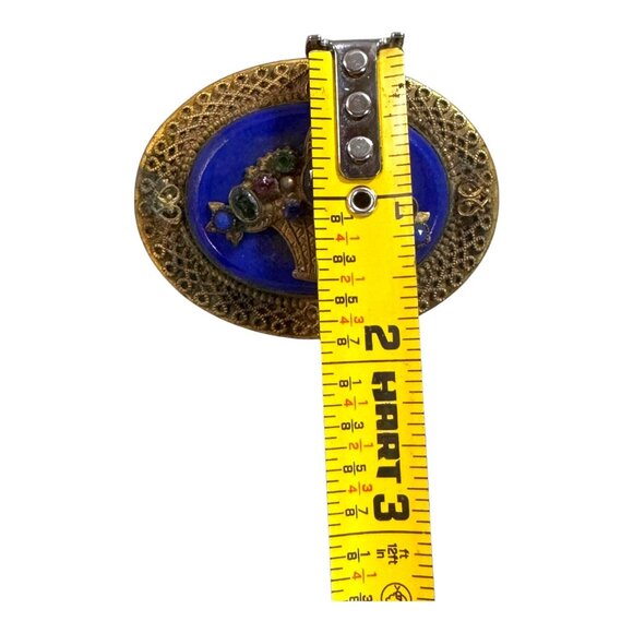 Antique Brass & Enamel Jewelry Trinket Box Amethyst Lapis Lazuli Gemstone READ - Picture 5 of 8